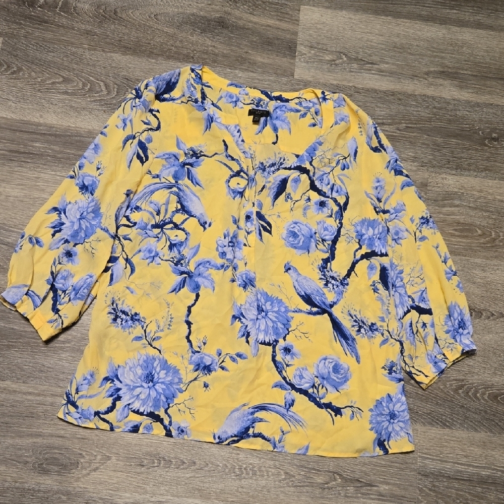Talbots Floral Bird Print Popover Blouse Sz LP